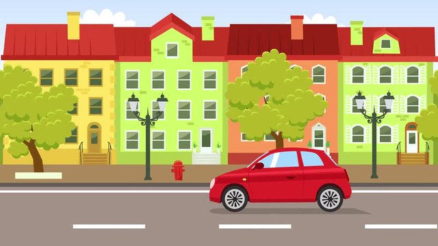 Cartoon red car flat animation driving rides around old city street