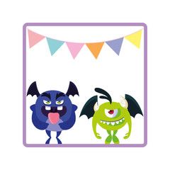square frame with funny monsters and garlands hanging