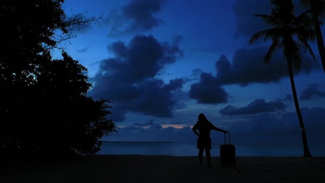 dolly out shoot of lonely woman with luggage standing on tropical island shore in palm forest, blue hour ,silhouettes