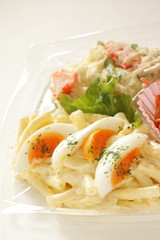 Boild egg and pasta salad for party food image