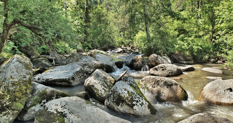 Naklejka na ściany i meble Beautiful landscape with a fast streaming mountain river flowing among huge rocks and stones