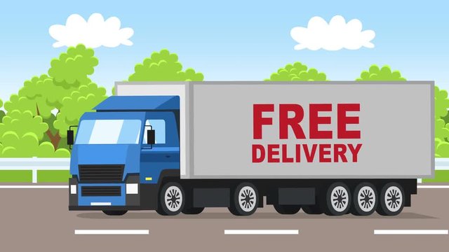 Cartoon blue truck free delivery car flat animation driving along the road highway