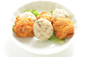 Asian food, assorted fish cake on dish with copy space
