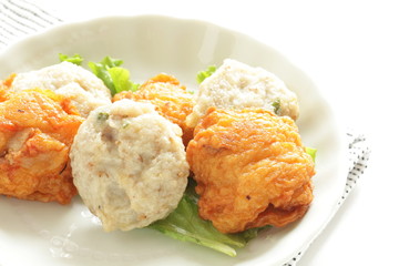 Asian food, assorted fish cake on dish with copy space