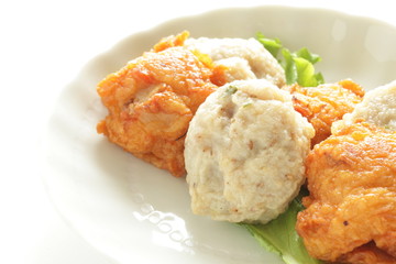 Asian food, assorted fish cake on dish with copy space