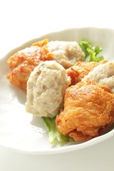 Asian food, assorted fish cake on dish with copy space