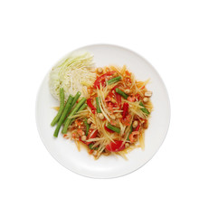 Spicy papaya salad, Sea Somtum Salad, Thai food on White background