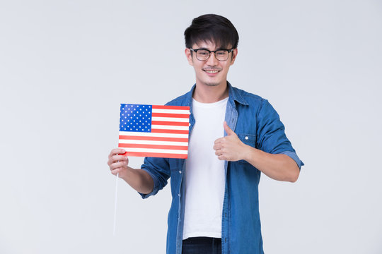 Asain Man Holding American Flag.