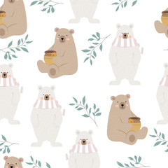 Cute bear with leaf,honey.Vector illustration seamless for background,wallpaper,frabic