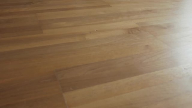 Cloes Up shot of a white suction cleaner robot drives from right to left through the frame whilst cleaning a laminate floor