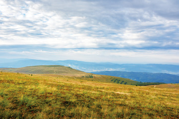 overcast weather in mountains in the morning. weathered grass on the slopes and hills. mountain range in the far distance. beautiful landscape in august.