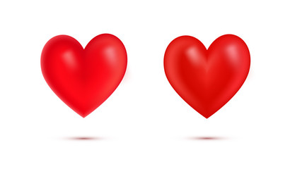 Set of realistic red Valentine Hearts with shadow.3d heart isolated on white background.Simbol of love.element for greeting card on Valentines Day,Mothers Day, wedding,I love you. Vector illustration.
