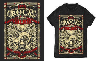 Rock music. Angry bull Minotaur and crossed swords. Heavy metal, Let's Rock slogan. Musical old school print for t-shirts and another, trendy apparel design