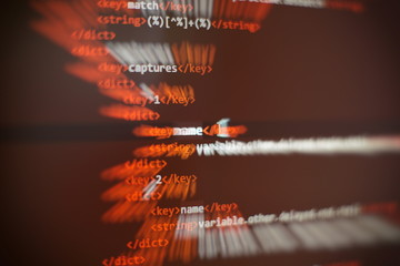 Programmer developer screen, web app coding. Script on computer. Modern display of data source...