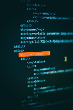 Abstract computer script code. Programming code screen of software developer. Software Programming Work Time. Code text written and created entirely by myself.