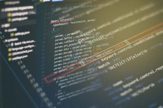 Programmer developer screen, web app coding. Script on computer. Modern display of data source code. Programming code abstract screen of software developer. Blue color.
