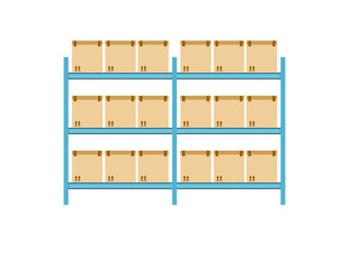 Paper Box Packages Piled In The Warehouse Stored For Later Shipment And Delivery On Metal Shelves