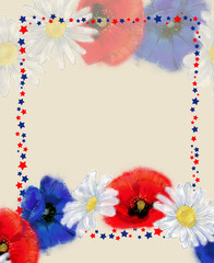 Independence Day Tricolor Wild Flower Wreath and Star Frame. Floral Illustration for Print, Announcement, Banner, Advertisement, Invitation, Flyer, etc.