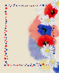 Independence Day Tricolor Wild Flower Wreath and Star Frame. Floral Illustration for Print, Announcement, Banner, Advertisement, Invitation, Flyer, etc.