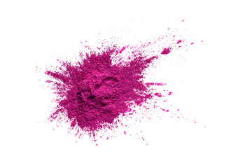 Bright colored pigment. Loose cosmetic powder. Neon pink eyeshadow pigment isolated on a white...