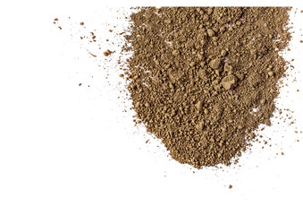 Natural matt brown colored pigment. Loose cosmetic powder. Eyeshadow pigment isolated on a white background, close-up