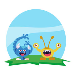 funny monsters couple in the field characters colorful
