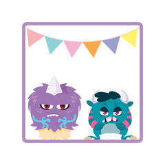square frame with funny monsters and garlands hanging