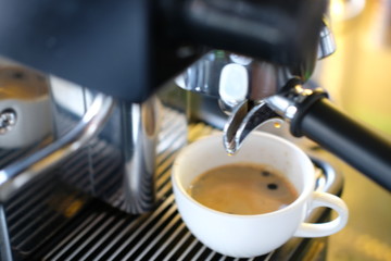 close up coffee cup and coffee machine