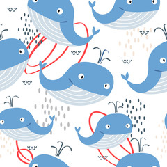 Happy whales, hand drawn seamless pattern. Marine background vector. Colorful illustration, overlapping backdrop. Decorative cute wallpaper, good for printing