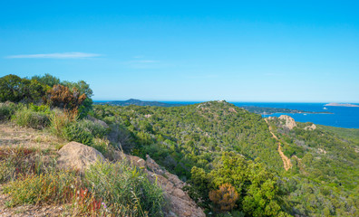 Fototapeta na wymiar Rocky coast of the island of Sardinia in the Mediterranean Sea in sunlight in spring