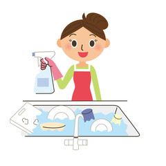 キッチン用品を除菌する主婦