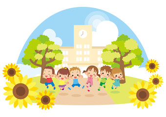Obraz na płótnie Canvas 夏の日に学校の前でジャンプする元気な子供たち