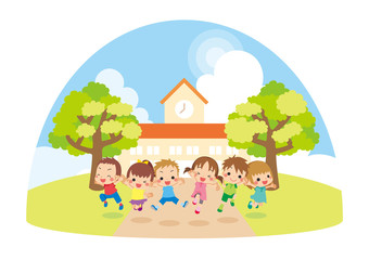 Obraz na płótnie Canvas 夏の日に幼稚園の前でジャンプする元気な子供たち