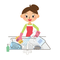 キッチンの除菌をする主婦