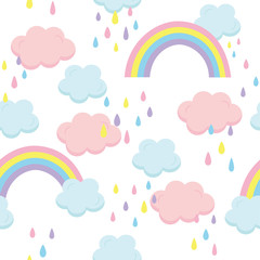 Seamless pattern of hand drawn rainbow and clouds