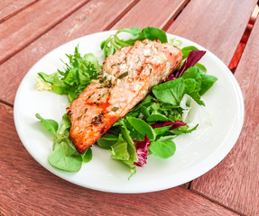 Grilled salmon fillet with fresh green salad