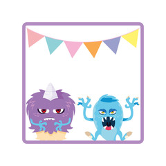 square frame with funny monsters and garlands hanging