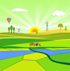 Flat illustration of Countryside view in summer Landscape vector. Sun and sun rays