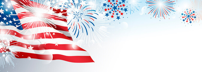 4th of july USA Independence day banner background design of American flag with fireworks vector illustration