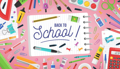 Back to School ! Colorful banner with office supplies.