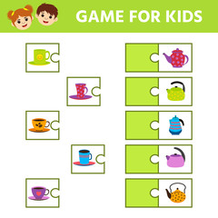 Education logic game for preschool kids. Kids activity sheet. Connect teapot and cup. Children funny riddle entertainment. Vector illustration