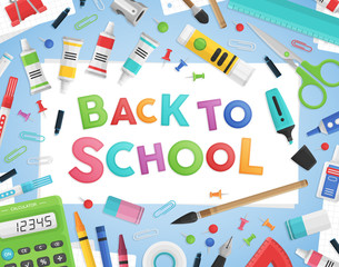 Back to School ! Colorful banner with office supplies.