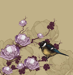 Background with flowering branch and bird titmouse. Hand drawing. Vector illustration. - 274660362