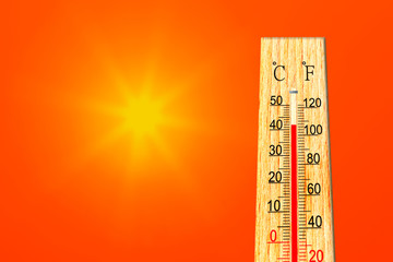 Summer heat. Thermometer shows high temperature in summer. Ambient temperature plus 42 degrees...