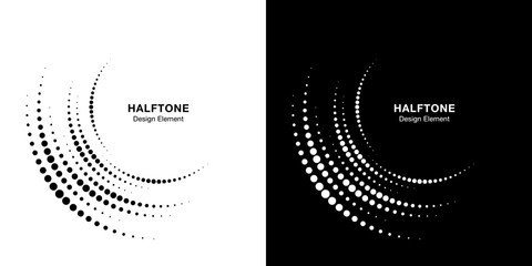 Set of Halftone incomplete circle frame dots logo isolated on background. Circular part design element for treatment, technology. Half round border Icon using halftone circle dots texture. Vector © Bank Design Elements