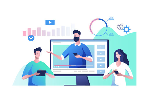Online video communication. Concept of video presentation and training in business. Vector illustration.