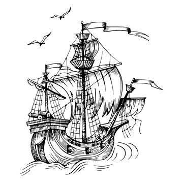 Old caravel, vintage sailboat. Ghost ship. Hand drawn sketch. Detail of the old geographical or fanasy maps of sea.