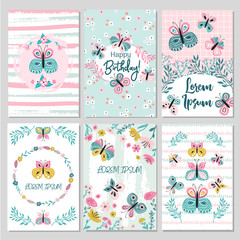 Fototapeta na wymiar Collection of empty card templates for party invitation,wedding stationery, flyer design with hand drawn flowers, textures and butterflies