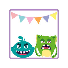 square frame with funny monsters and garlands hanging