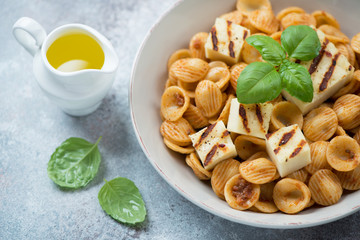 Orecchiette with sun dried tomato pesto, slices of grilled cheese, olive oil and green basil, closeup